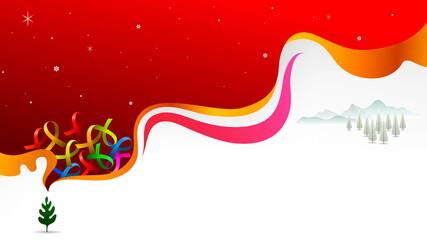 Season greeting abstract background, multi color ribbons and snow flake on red background with white copy space 