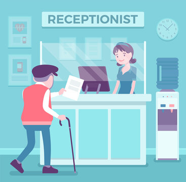 Hospital receptionist giving old man information, checking in for appointment. Senior person visiting medical clinic office, worker providing support to patient. Vector creative stylized illustration Stock Vector | Adobe Stock