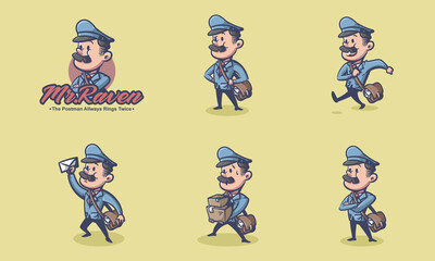 cartoon mascot of postman carrying a vintage mailing bag