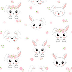 Simple pattern with a Bunny face with flowers on a white background. Vector illustration