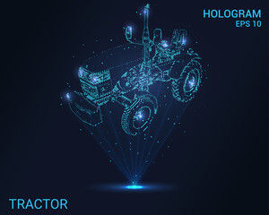Tractor hologram. Holographic projection of the tractor. A flickering energy stream of particles. Scientific design minitractor.