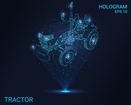 Tractor hologram. Holographic projection of the tractor. A flickering energy stream of particles. Scientific design minitractor.