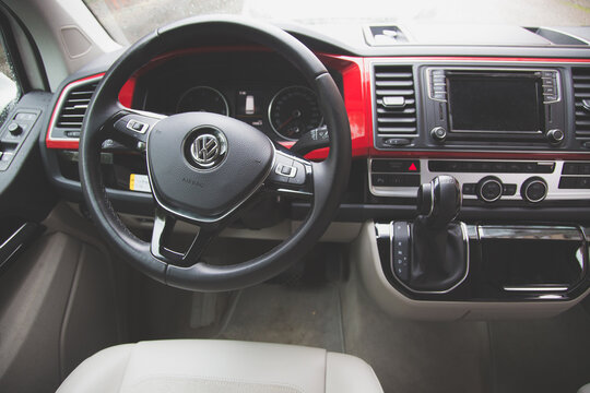 St. Petersburg, Russia - July 22, 2019: Interior of modern Multivan California Ocean (Transporter T6). cockpit panel, driver and passenger seats.