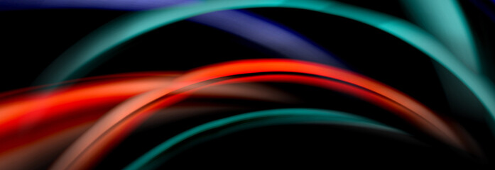 Dynamic motion abstract background. Color blurred stripes on black. Wave liquid lines poster. Vector illustration