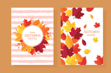 Vector autumn banner with maple leaves on a striped background.