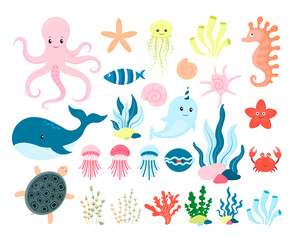 Cartoon sea life. Marine and oceanic fauna. Nvector