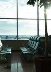The interior of the airport. Empty hall. Early morning.
