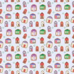 Festive pattern with gingerbread houses, Christmas wreaths