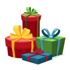 Four gift boxes with ribbons. Preparation for the holiday. Cartoon colored set of Christmas presents. Flat style stock vector illustration. Isolated on white background.