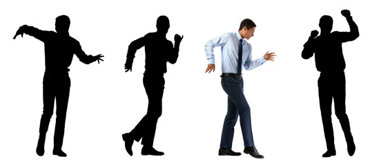 African-American teenager and his silhouettes dancing against white background