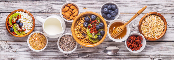 Healthy breakfast ingredients, top view.