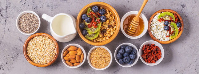 Healthy breakfast ingredients, top view.