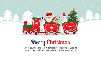 Cute Christmas Santa Claus train with reindeer and snowman. Christmas lanscape. Flat vector cartoon style