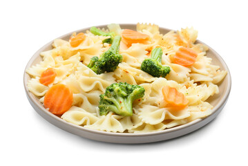 Plate with tasty pasta primavera on white background