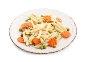 Plate with tasty pasta primavera on white background