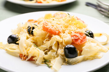 Tasty pasta primavera on plate, closeup