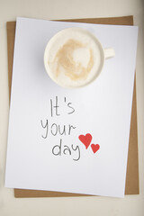 Wishes and care. Motivational lettering and cup of coffee