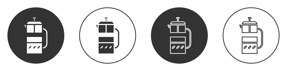 Black French press icon isolated on white background. Circle button. Vector Illustration.
