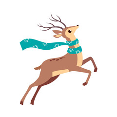 Beautiful Christmas Deer Jumping with Waving Scarf, Merry Xmas and New Year, Happy Winter Holidays Concept Cartoon Style Vector Illustration