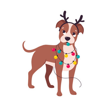 Cute Dog with Deer Antlers and Garland, Symbol of Xmas and New Year, Happy Winter Holidays Concept Cartoon Style Vector Illustration