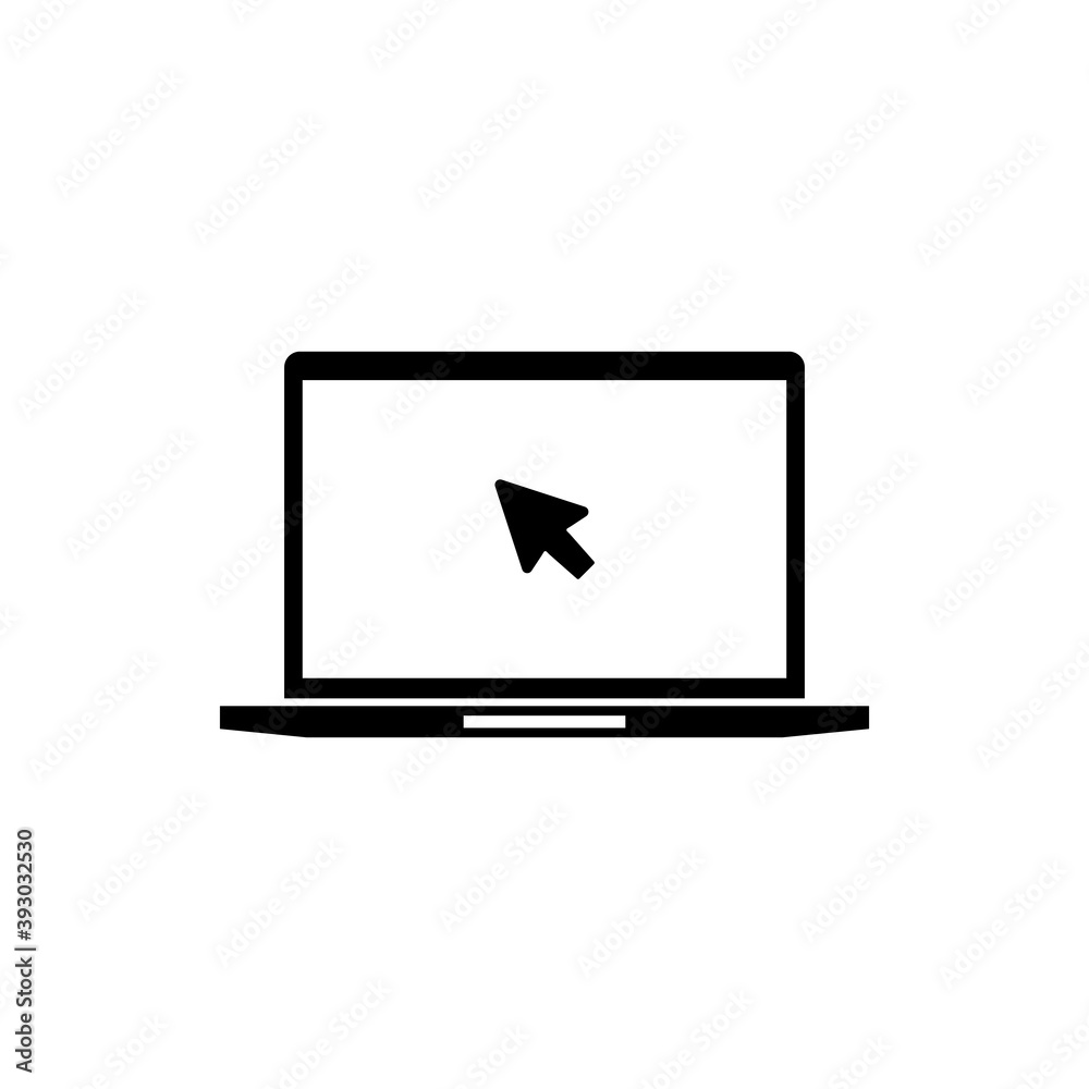 Poster laptop computer, notebook and cursor click icon. concept of using a mobile computer or search click 