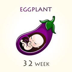 Stages of development of pregnancy, the size of the embryo for weeks. Human fetus inside the uterus. 32 week of 42 weeks of pregnancy. Vector illustrations eggplant