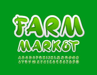 Vector promo sign Farm Market. Artistic Green and White Font. Creative Alphabet Letters and Numbers set
