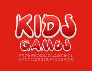 Vector bright sign Kids Games. Red and White artistic Font. Creative Alphabet Letters and Numbers set