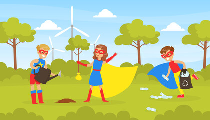 Obraz na płótnie Canvas Cute Boy and Girl Dressed in Superhero Costumes Collecting Plastic Garbage, Cheerful Kids Picking Up Plastic Bottles into Garbage Bags Cartoon Vector Illustration