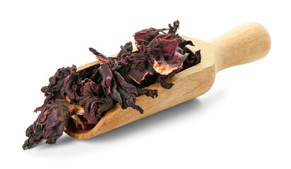 Scoop with dry hibiscus tea on white background