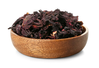 Plate with dry hibiscus tea on white background