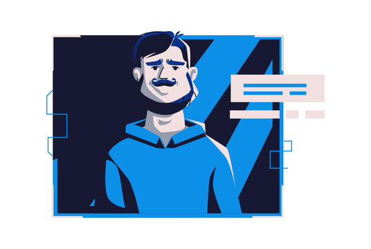 Modern people avatar in casual clothes, vector cartoon illustration. Man with individual face and hair, in light digital frame on dark blue computer background, picture for web profile