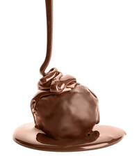 Pouring of melted chocolate on sweet candy against white background