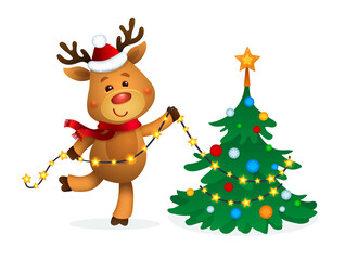 Rudolph Reindeer decorating the Christmas Tree Illustration.