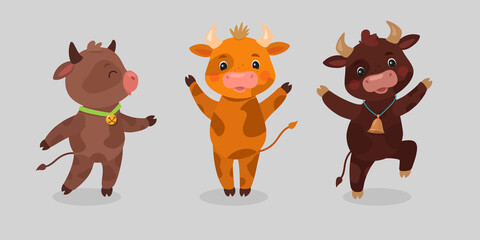 Happy Ox Characters. Cartoon Cows Vector Mascots.