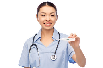 medicine, profession and healthcare concept - happy smiling asian female doctor or nurse in blue uniform with stethoscope and thermometer over white background