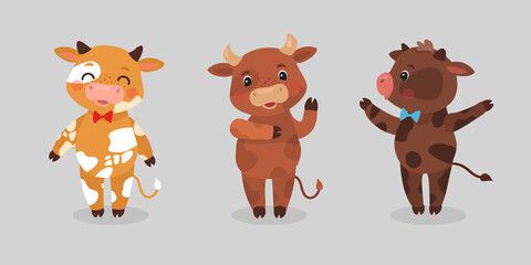 Happy Ox Characters. Cartoon Cows Vector Mascots.