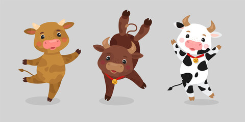 Happy Ox Characters. Cartoon Cows Vector Mascots Illustration