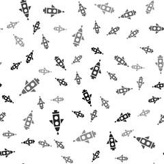 Black Rocket ship icon isolated seamless pattern on white background. Space travel. Vector.