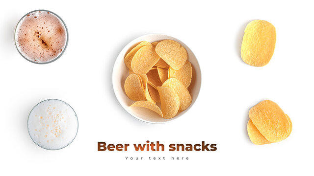 Beer with snacks on a white background. High quality photo