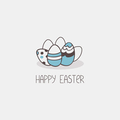 Hand-drawn vector illustration with painted easter eggs. Template of the greeting card in flat style. Happy Easter