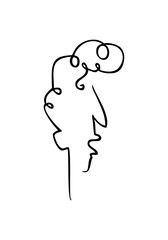 Vector illustration with profile of man on white background. Male portrait in one line drawing style. Modern abstract poster