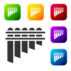 Black Pan flute icon isolated on white background. Traditional peruvian musical instrument. Zampona. Folk instrument from Peru, Bolivia and Mexico. Set icons in color square buttons. Vector.
