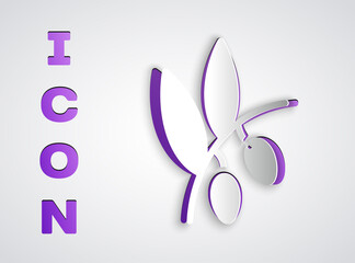 Paper cut Olives branch icon isolated on grey background. Paper art style. Vector.