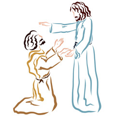 Savior Jesus blesses or heals a kneeling man