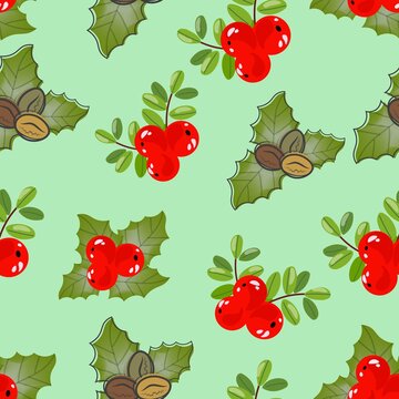Christmas pattern with holly berry and coffee beans. Decorative vector illustration on a green background.
