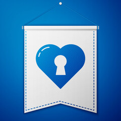 Blue Heart with keyhole icon isolated on blue background. Locked Heart. Love symbol and keyhole sign. White pennant template. Vector.