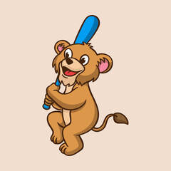cartoon animal design kids lion playing baseball cute mascot logo