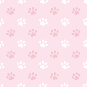 Pastel pink paw pattern for pets cute repeat pattern vector background design. Paws and hearts. I love my pet. Cute pastel pink paw pattern background for pets.