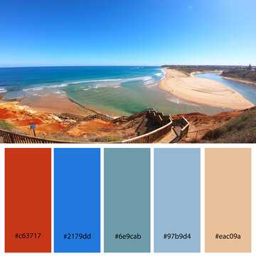 Designer Color Palette inspired by the stunning red and blue tones of the South Australian Southport Onkaparinga River estuary. Designer pack with photograph and swatches with hex codes references.